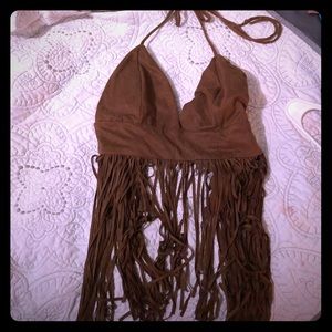 Tan fringe suede crop